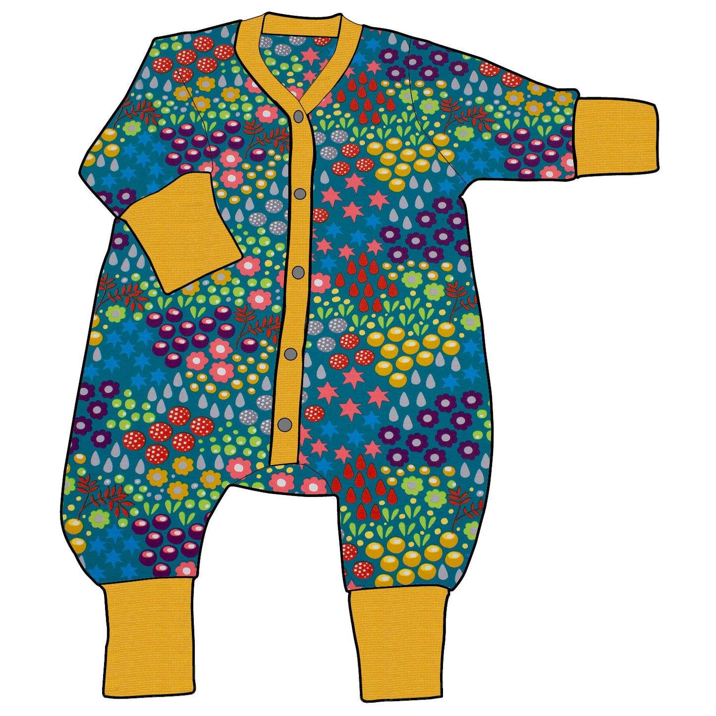 Kinder Einteiler Jumpsuit Retro Blumenwiese türkis